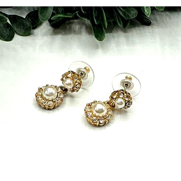Vintage Gold-Tone Faux Pearl and Rhinestone Dangle Earrings - Picture 2 of 8